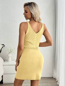 EMERY ROSE Elegant Fitted Perforated Texture Women's Sweater Dress, Spring/Summer - Light Yellow - View 2