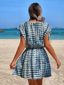 Swim Lushoire 女士V领扎染印花罩衫连衣裙，适合夏季、复活节、音乐节、波西米亚风、海滩派对、夏季海滩度假等场合。 - 藍色 - 查看 2