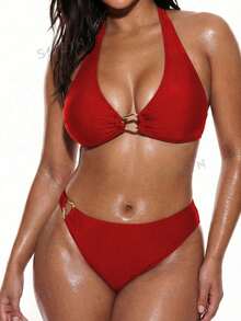 Oceva Bộ đồ bơi gợi cảm dành cho nữ cỡ lớn, màu trơn, gồm áo croptop và bikini dây mảnh cùng màu. - Đỏ - Xem 4