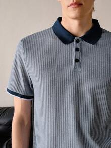 Men Blue Color Summer Celebration Season Navy Contrast Collar Vertical Striped Textured Polo Shirt For Knitted, Plain Short Sleeve - Blue - View 5