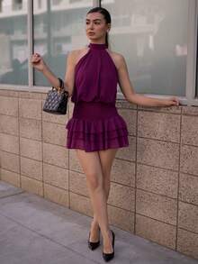 Andrea Bello 女士紫色优雅荷叶边多层收腰修身迷你连衣裙，春夏款 - 紫色 - 查看 6