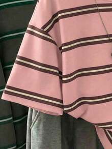 SHEIN EZwear 休闲简约粉棕条纹圆领宽松短袖T恤，适合夏季穿着 - 彩色 - 查看 4