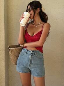 DAZY Quần short denim nữ đính đá, in chữ, có túi. - Rửa trung bình - Xem 1