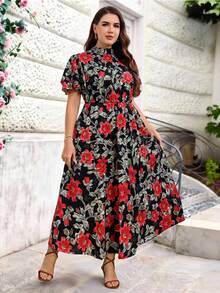 Miaspire Plus Size Women Elegant Floral Print Ruffle Sleeve Maxi Dress,Zanzea Summer Black And Red Wedding Bridal Dress,Casual Short Sleeve Midi Dresses - Multicolor - View 3