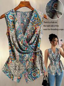 GlowEve CURVE Plus Size Women's Retro Colorful Cashew Flower V-Neck Criss-Cross Tie Sleeveless Slim Fit Blouse, Fashionable Casual Vest For Work, Vacation, Date, Versatile Summer New Arrival Paisley Top Women Dress Top Paisley Sleeveless Top Anthropologie Inspired Clothes Artsy Clothes - Multicolor - View 3