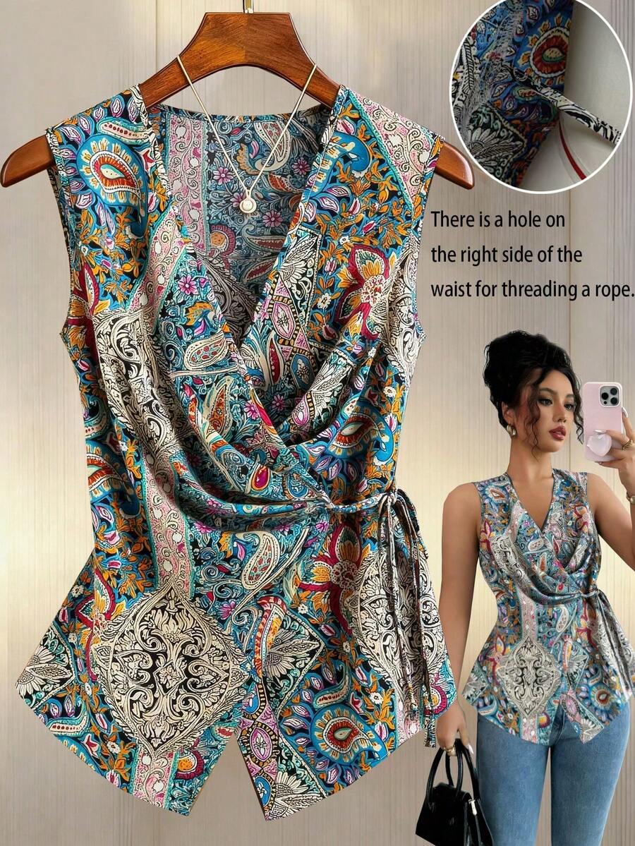 GlowEve CURVE Áo kiểu nữ cỡ lớn phong cách retro họa tiết hoa điều nhiều màu sắc, cổ chữ V, thắt dây chéo, không tay, dáng ôm, thời trang thường ngày, thích hợp đi làm, đi nghỉ mát, hẹn hò, mẫu mới đa năng mùa hè. - Nhiều màu - Xem 1