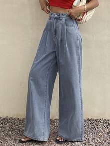 DAZY Quần jeans nữ dáng rộng, ống đứng, kẻ sọc, thích hợp cho mùa xuân và hè. - Màu xanh lam - Xem 5