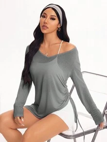 Eassivo Eassivo Women's Casual Solid Color Side Drawstring Long Sleeve Sports T-Shirt, Autumn Workout Shirts For Women Work Out Cover Up Top Loose Tops Blouse Gym - Grey - View 6