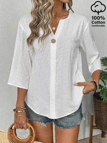 EMERY ROSE Women's Solid Color V-Neck 3/4 Sleeve Casual Shirt - White - View 4