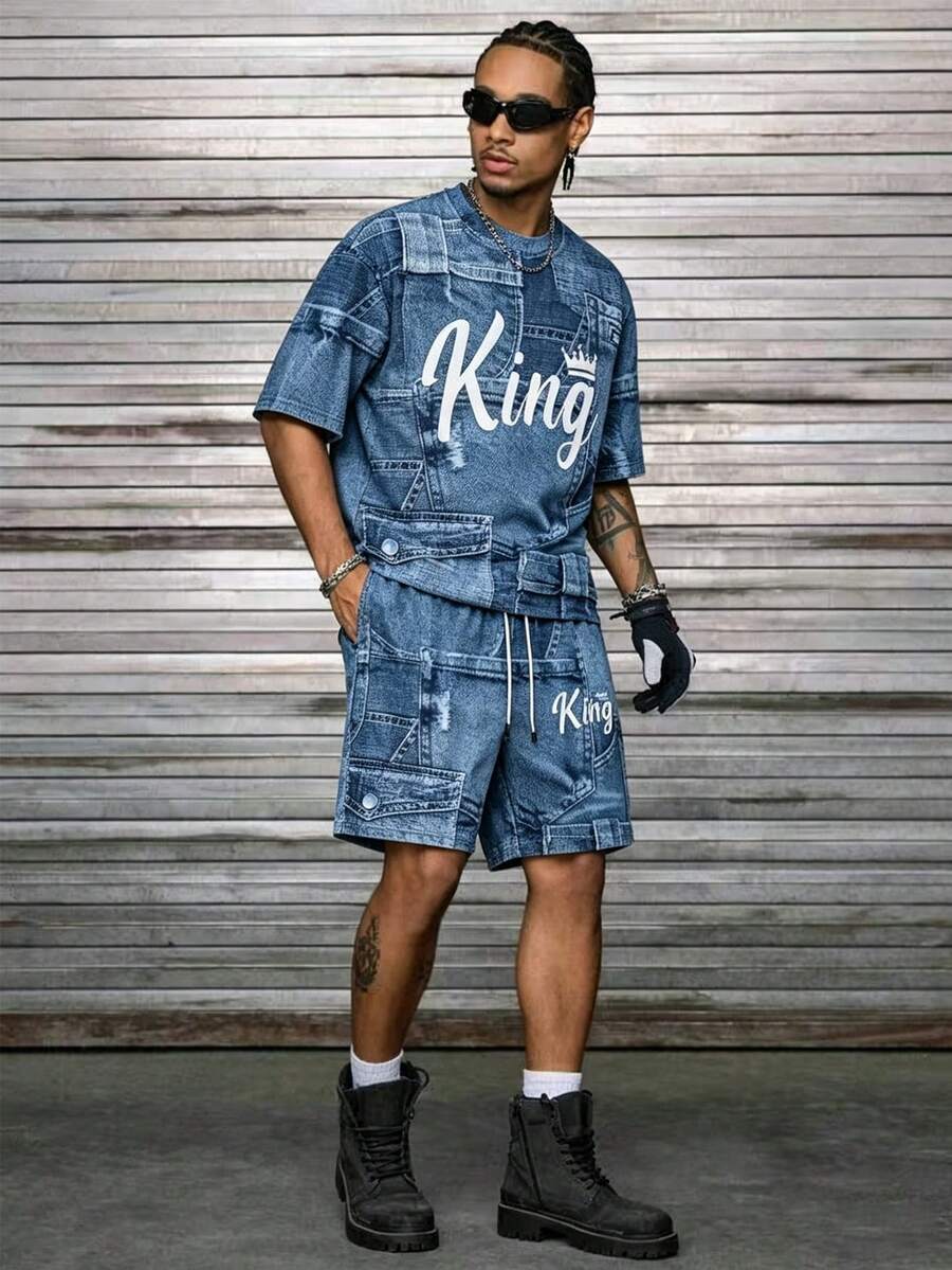 Manfinity Hypemode Bộ đồ thể thao và mặc nhà nam 2 món, hiệu ứng denim, có chữ, kiểu dáng thường ngày, thích hợp cho cả hoạt động thể thao và mặc nhà. - Màu xanh lam - Xem 1