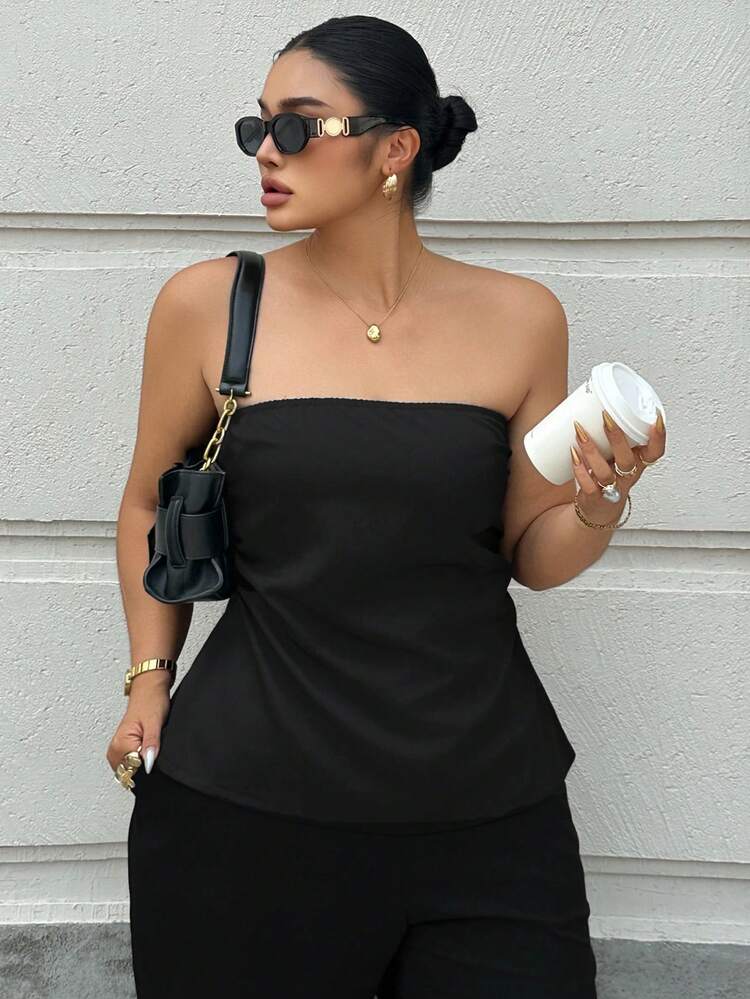 Dazy Plus Plus Size Women Solid Color Camisole Casual Vacation Versatile Black Tank Top, Spring/Summer