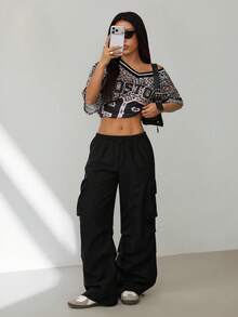 SHEIN PETITE 女士夏季街头复古西部风Y2K低腰降落伞工装裤 - 黑色 - 查看 5