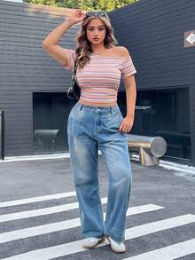 SHEIN EZwear Striped Colorful Asymmetrical Shoulder Short Sleeve Plus Size T-Shirt - Baby Pink - View 7