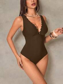 Shapewave Women's Solid Color One-Piece Swimsuit, Suitable For Beach Vacation, Pool Party, Beach Party - Coffee Brown - View 4