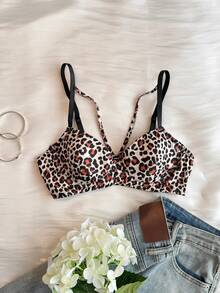 DAZY Leopard Print Adjustable Spaghetti Strap Lightly Padded Bra For Women - Black - View 12