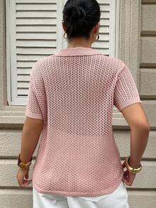 Dazy Plus Plus Size Women Collared Fitted Hollow Shiny Short Sleeve Knit Top, Pink, Spring/Summer - Pink - View 6