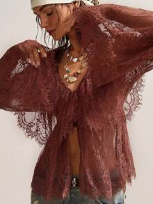 Bohemela Women's Casual Solid Color Knit Lace V-Neck Flare Sleeve Ruffle Hem Blouse - Coffee Brown - View 6