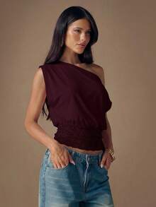 SHEIN BAE 黑色针织蕾丝拼接不对称肩部时尚女式上衣，秋冬款 - 紫紅色 - 查看 4
