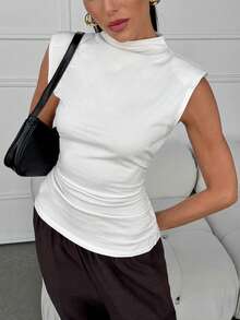 SHEIN Clasi Mock Neck Ruched Tank Top Summer Tops Mother's Day Vacation Outfits Women White Top - White - View 10