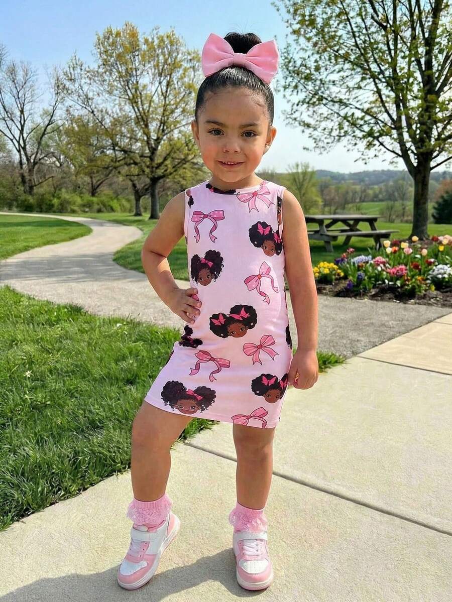 Young Girl Casual Sports Chic Knit Round Neck Heart Print Sleeveless Dress, Versatile For Spring/Summer - Pink - View 1