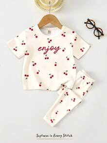 Cream White, Cute Mini Cherry Minimalist Sweet Letter Graphic, Young Girl Casual Loose Round Neck Short Sleeve T-Shirt And Leggings Set, Suitable For Spring & Summer Daily Wear, Farm, Picnic, Outing, Vacation, Homecoming, Back To School - Multicolor - View 3