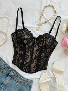 Soleia 女士度假风蓝白花卉印花蕾丝边塑形吊带背心，适合派对、情人节、约会、下午茶、海滩游轮、嘉年华、春夏假期等场合。 - 黑色 - 查看 6