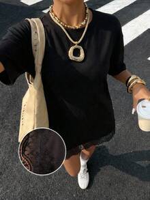 SHEIN EZwear Đầm nữ dệt kim màu đen trơn cổ tròn phối ren, đầm mùa hè mặc thường ngày cho nữ - màu đen - Xem 9