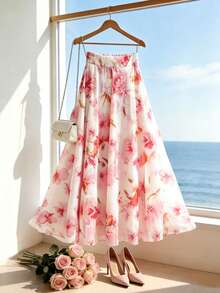 SHEIN Franclia 碎花高腰A字裙，白色底，粉色扎染花朵，轻盈飘逸，浪漫优雅，适合春夏外出或约会。 - 彩色 - 查看 8