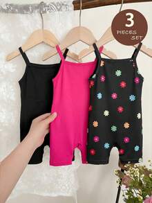 SHEIN 3pcs/Set Fuchsia, Black & Floral Print Romper Jumpsuit, Infant/Toddler Girls - Multicolor - View 1