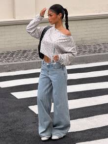 SHEIN Muchic 女士豹纹斜肩针织卫衣 - 灰色 - 查看 5