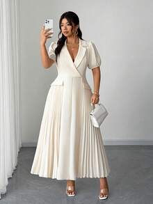 SHEIN Clasi Plus Size Women's White Summer Elegant Wedding Bridal French Office Commute Lapel Pleated Dress,Suitable For Evening Party,Gathering,Date,Graduation - Apricot - View 2