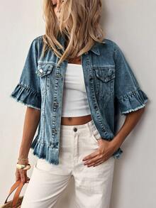 Breezaya Áo khoác denim nữ một hàng cúc, rách tua rua, kiểu dáng thường ngày, đa năng. - Màu xanh lam - Xem 3