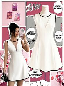 Elenzga Vestido elegante y romántico para mujer con cuello redondo sin mangas, bloque de color, parches de tela y cintura en línea A - Albaricoque - Ver 3