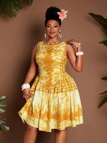 Maweii Vestido plus size com cintura franzida, decote redondo, sem mangas, para praia, férias e estampa sexy de Halloween. - Amarelo - Ver 5