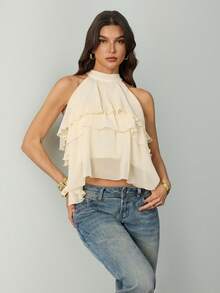SHEIN Tall Women's Solid Color Ruffled Halter Casual Versatile Date Outing Shirt, Tall Women - Beige - View 4