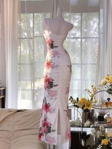 浪漫度假印花连衣裙，网纱材质 - 紅白色 - 查看 2