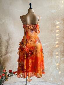 Soleia Plus Size Vintage Bohemian Animal Print Orange Jellyfish Ruffle Trim Shiny Chiffon Dress Beach Vacation Summer - Multicolor - View 2