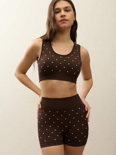 Nöista Seamless Top Part Of A Set In Brown With Polka Dots In White Color, Removable Pads. Gymwear, Yoga, Comfortable Clothes, Workout Outfit, Pilates, Barre, Fitness.