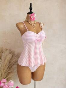 Swim Mod Đồ bơi hai mảnh dáng ôm hở lưng họa tiết sọc dây quai mảnh phong cách Summer New Vibes, áo crop top viền bèo và quần tam giác, bikini nâng đỡ cho ngực nhỏ, phù hợp đi biển, nghỉ dưỡng, tiệc hồ bơi, tiệc sinh nhật, tankini sọc hồng trắng - Hồng - Xem 4