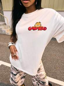 GARFIELD | SHEIN Women's Casual Streetwear Y2k Loose Fit Round Neck Drop Shoulder T-Shirt, Back-To-School School Beige Summer - White - View 2