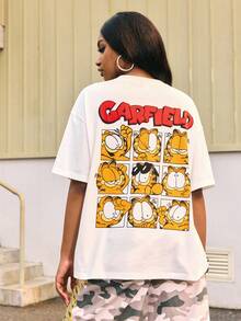 GARFIELD | SHEIN Women's Casual Streetwear Y2k Loose Fit Round Neck Drop Shoulder T-Shirt, Back-To-School School Beige Summer - White - View 3