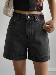 Livesso Cotton High Waist Casual Solid Color Women's Denim Shorts Summer - Black - View 5