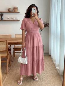 Enliva Plus Size Mùa Hè Đầm Ren Phối Ren Phối Màu Trơn Mùa Hè Thanh Lịch - Bụi hồng - Xem 3