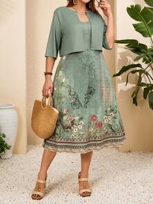 EMERY ROSE Plus Size Women's Sage Green Summer Floral Print Jacket & Camisole Dress 2pc Set,Modest Curve Outfits For Party,Wedding Guest,Vacation Boho Outfits - Green - View 2