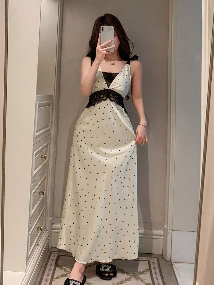 Women's Elegant Colorblock Lace Patchwork Polka Dot Print Waist Cinched Long Nightgown, Summer