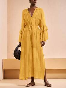 Zivah Đầm maxi casual đa năng, mẫu mới về mùa Xuân/Hè 2026, phù hợp cho Ngày Valentine, Lễ hội âm nhạc, Lễ Phục sinh, phong cách miền Tây, Boho, Nashville, tiệc tùng, đám cưới, hẹn hò, tụ họp, sinh nhật, phong cách sinh viên, mặc hàng ngày, kỳ nghỉ, du thuyền, bãi biển, tắm nắng, hợp thời trang, thanh lịch, đi làm, công sở, cổ tròn, cổ chữ V, buộc dây phía trước, dáng chữ H rộng, xẻ tà bên, có lớp lót, vải sọc dọc nhăn màu nâu, đầm maxi casual nữ, đầm maxi màu nâu, đầm đi nghỉ mát - Màu vàng ngỗng - Xem 5