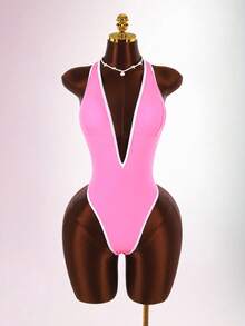Amplova 1pc Women's Black & White Contrast Color Sexy Bodysuit, Tight-Fitting One-Piece Swimsuit With Deep V-Neck, Open Back And Bowknot, Suitable For Valentine's Day High-End Outfit - Pink - View 9