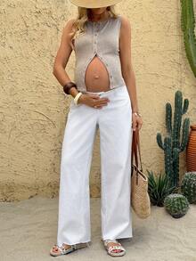 SHEIN Jeans de maternidad de unicolor versátil y de cintura baja, ideales para el verano, carnaval, ir al trabajo, vacaciones, graduación, estilo Y2K lindo, fiesta, boda, elegante, negocios casuales, playa, graduación. Jeans clásicos de pierna ancha blancos de mujer, de ajuste holgado, de verano - Blanco - Ver 4
