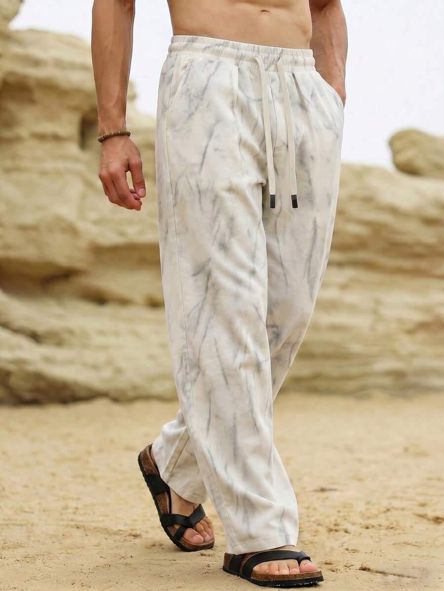 VIVINTIMO Quần nam kiểu dáng thường ngày, có dây rút ở eo và túi, nhuộm tie-dye. - Màu be - Xem 1