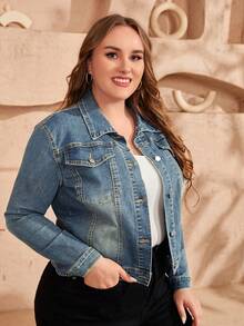 Plus Size Women's Casual Daily Commute Versatile Flap Pocket Denim Jacket, Spring/Autumn - Blue - View 5
